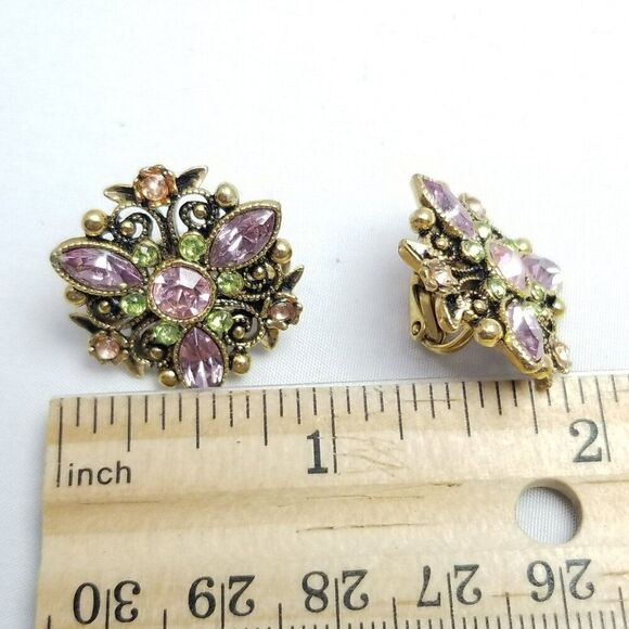 Vintage Avon Pink Green Rhinestone Clip On Earrings, Scroll Design, Estate - Picture 6 of 8